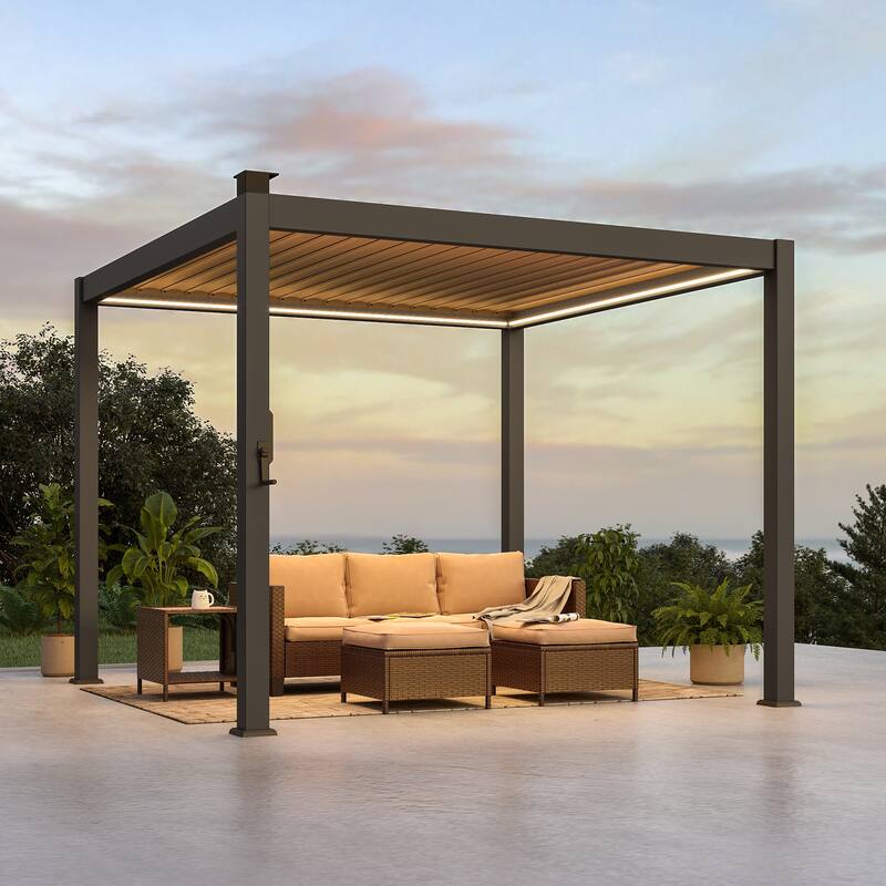BONOSUKI Solar LED Louvered Pergola with Aluminum Frame for Modern Patio Living