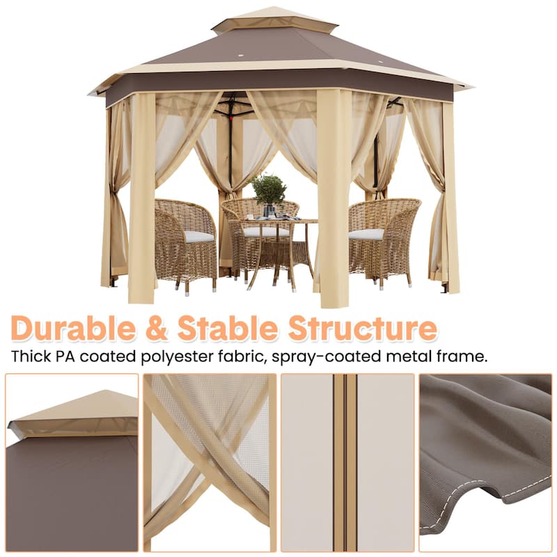 Pop Up Gazebo, Hexagonal Canopy Shelter with 6 Zippered Mesh Netting, Event Tent with Strong Steel Frame