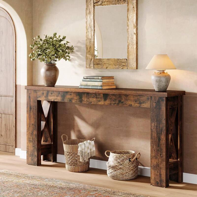 70.9 Inches Brown Engineered Wood Console Table, Farmhouse Entryway Table for Living Room - Brown