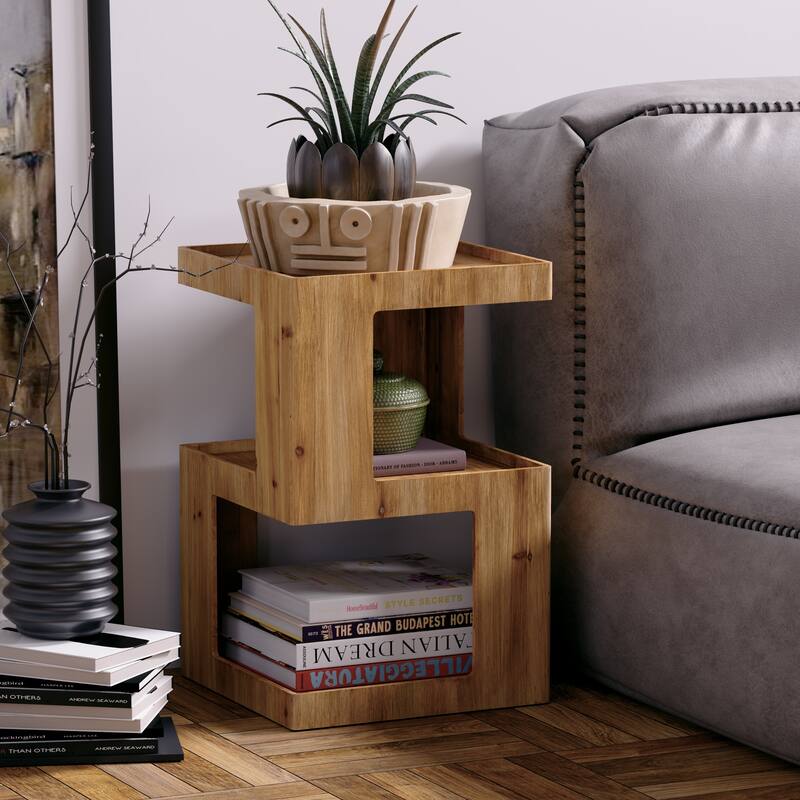 COZAYH Farmhouse Geometric Wood End Table, Distressed Accent Side Table with Two Storage Space, 3-Layer Cube Design