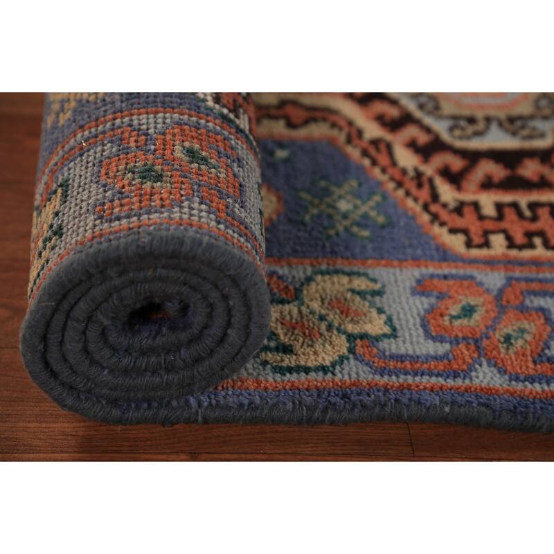 Geometric Kazak Indian Runner Rug Handmade Blue Wool Carpet - 2'6"x 9'10"