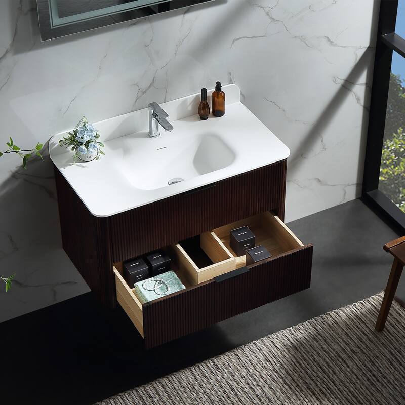 Modland Fluted Floating Vanity with Sink, Plywood Wall Mount Cabinet, Curved Edge, 24/30/36 Inch