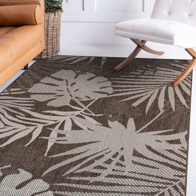 Contemporary Tropical Leaves Indoor/Outdoor Flatweave Waterproof Backyard Patio Area Rug