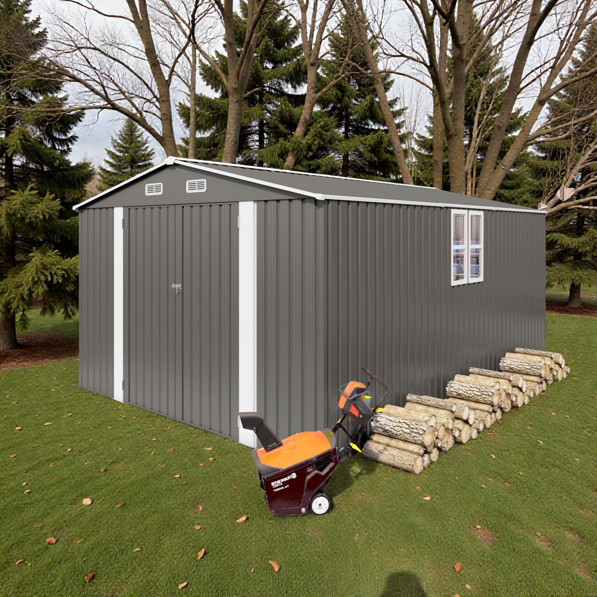 10x14 FT Outdoor Metal Storage Shed with 3 Lockable Doors and Window, Large Garden Tool Shed for Backyard Patio