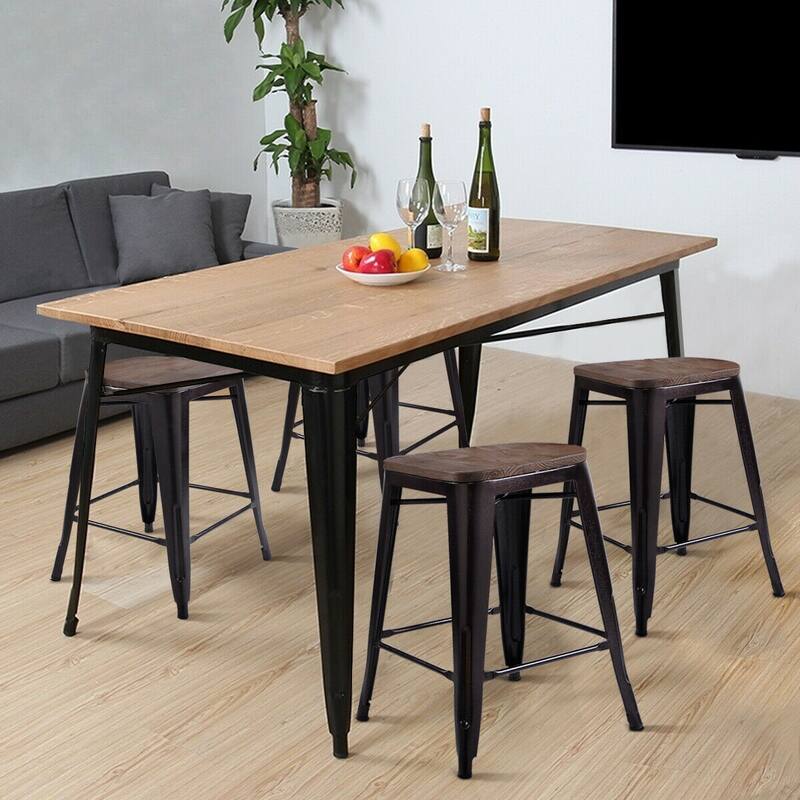 Costway Copper Set of 4 Metal Wood Counter Stool Kitchen Dining Bar
