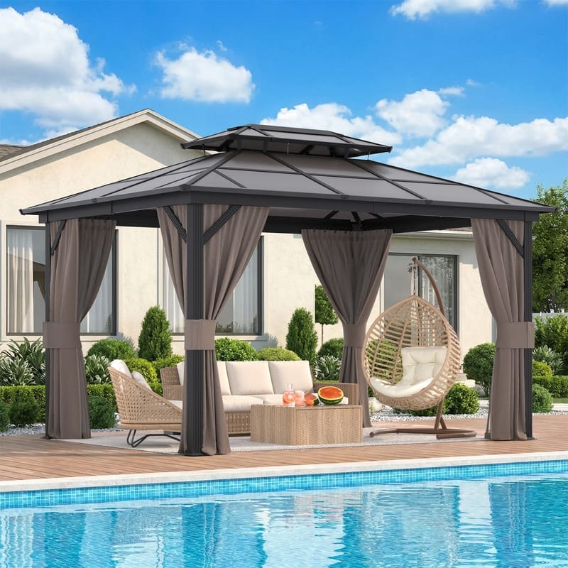 Hardtop Gazebo for Backyard – Permanent Pergola with Netting, Curtains & Double Roof, All-Weather Outdoor Shelter