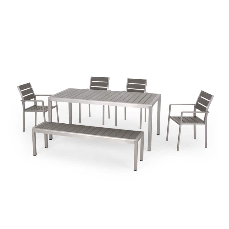 Cape Coral Outdoor Modern 6 Seater Aluminum Dining Set with Dining Bench by Christopher Knight Home - Gray+Silver