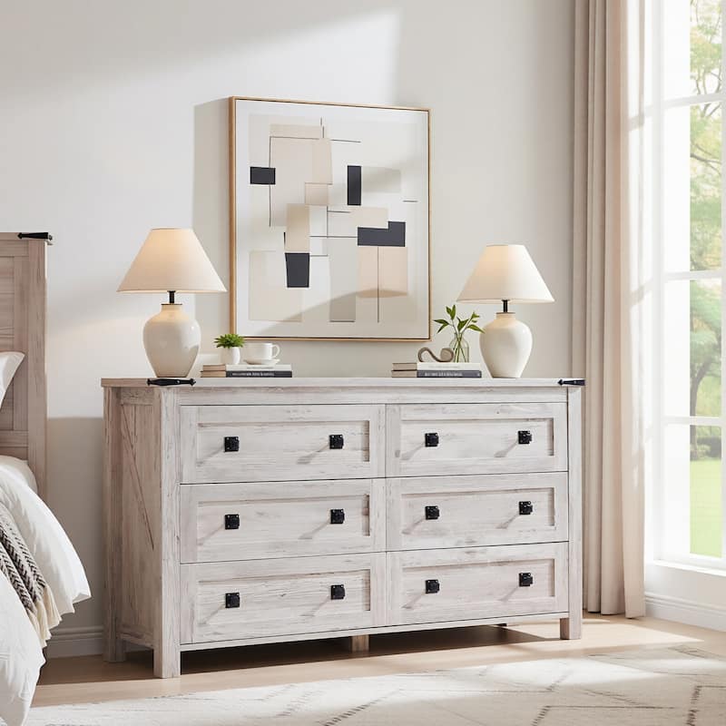 Farmhouse 6 Drawer Dresser, Wood TV Stand, Chest of Drawers - Antique Brushed White