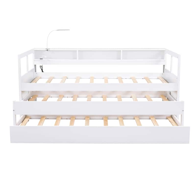 Twin XL Wood Daybed with 2 Trundles and 3 Storage Cubbies