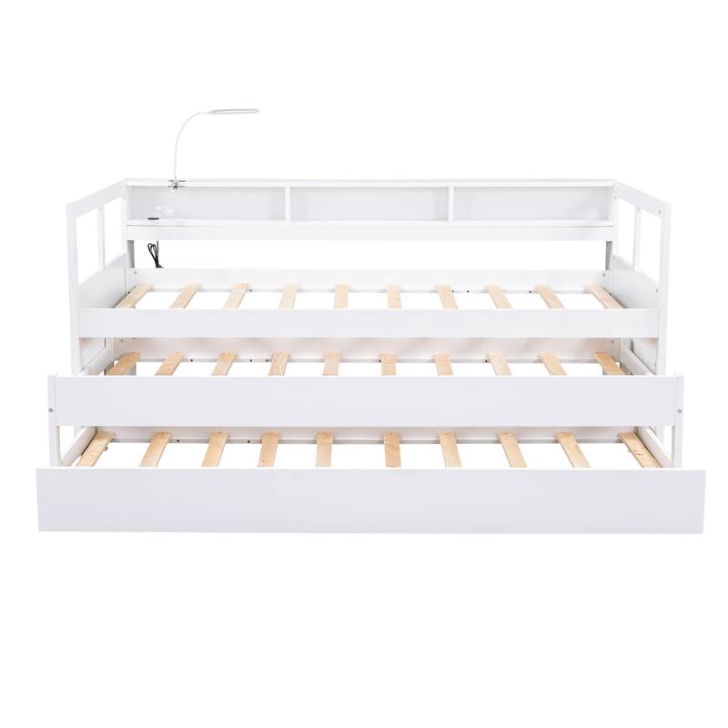 Twin XL Wood Daybed with Trundles, Storage, USB Charging, and Light, White
