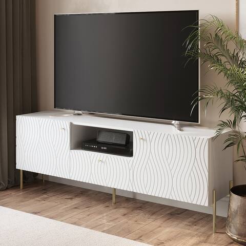 Living Skog Stella White TV Stand with 1-Drawer Fits TV's up to 70 in. with Steel Legs and Cable Management Art Deco Design
