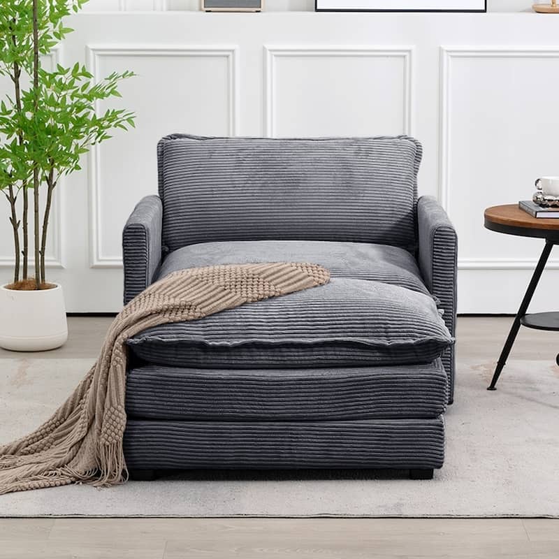 Oversized Corduroy Armchair with Plush Cushions and Movable Ottoman