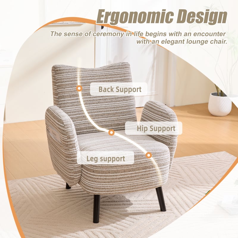 Boucle Upholstered Lounge Armchair, Reading Chair with Side Storage Pocket, Single Sofa Chair with Solid Wood Legs