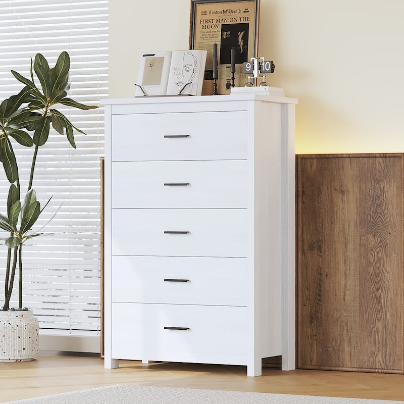 5 Drawer Tall Wooden Dresser, Large Capacity Clothing Storage Cabinet, Decorative Cabinet with Metal Handles and Wooden Legs - White