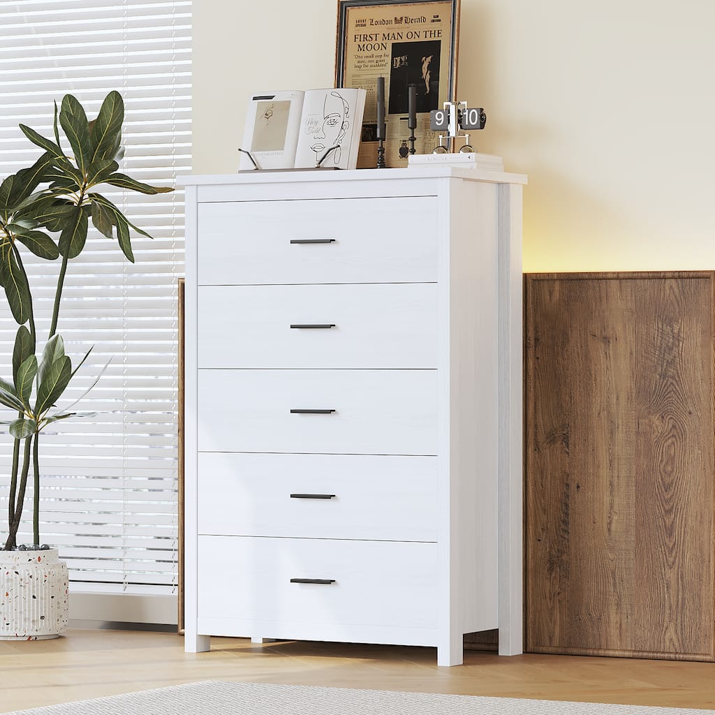 5 Drawer Tall Wooden Dresser, Large Capacity Clothing Storage Cabinet, Decorative Cabinet with Metal Handles and Wooden Legs