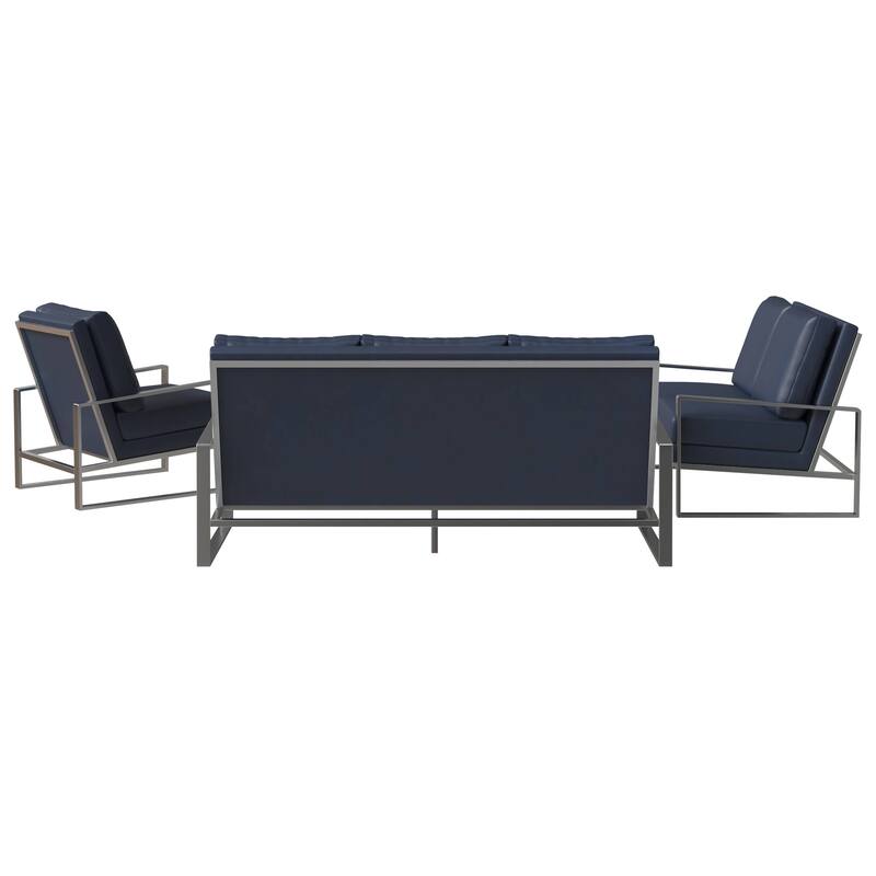 3-Piece Leather Sofa Set Brushed Stainless Steel Base and Removable Cushions