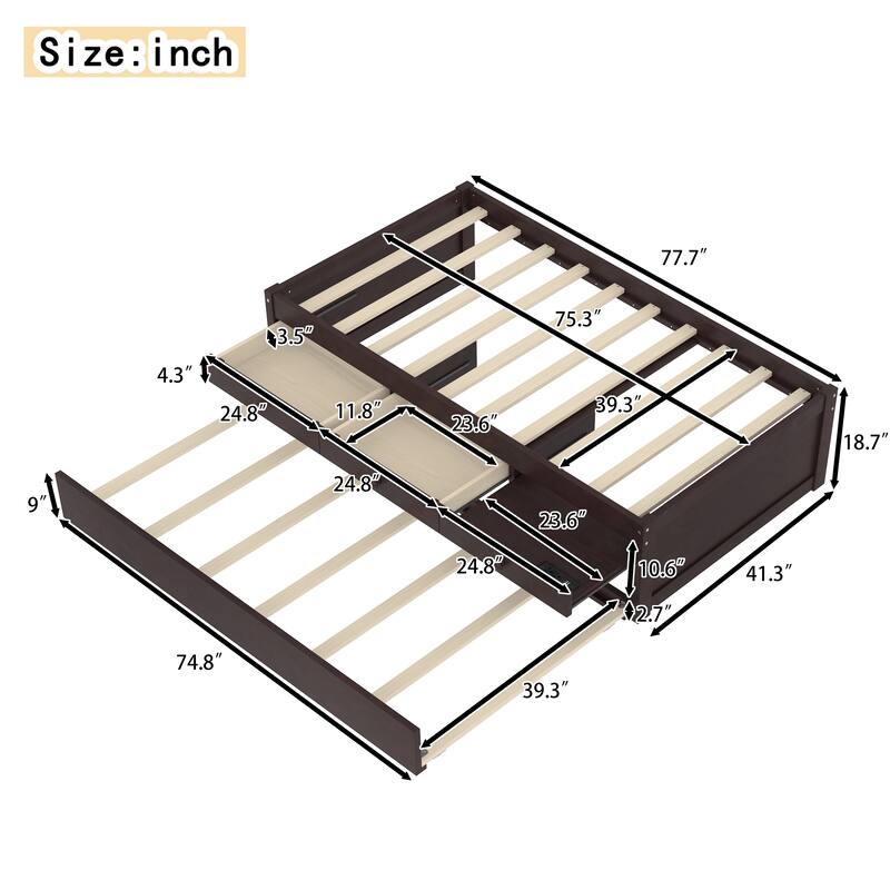 Platform Bed with Pull-out Trundle and Dual Storage Drawers, Built-in Power Strip, Wooden Bed Frame, No Box Spring Needed