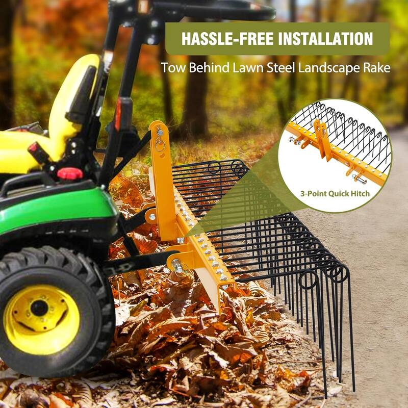 72 Inch Pine Straw Rake, 30 Coil Spring Tines Durable Powder