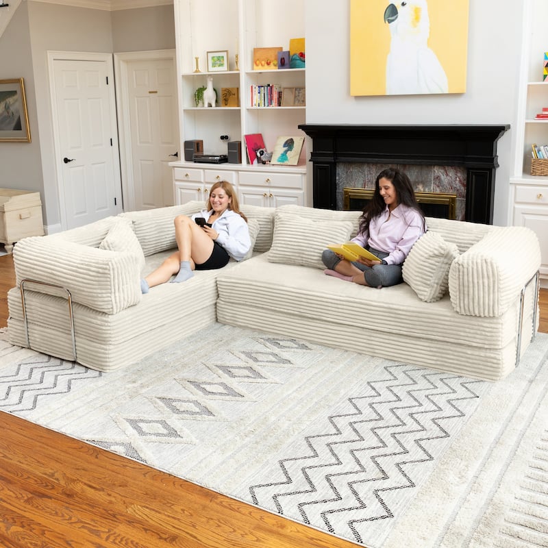 Jaxx Unsofa Modular Convertible Sectional Sofa with Fold Out King Sleeper Bed - L-Shaped Sectional. - Faux Fur Ivory