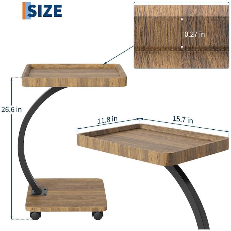 C-Shaped Side Table with Wheels, End Table for Small Spaces