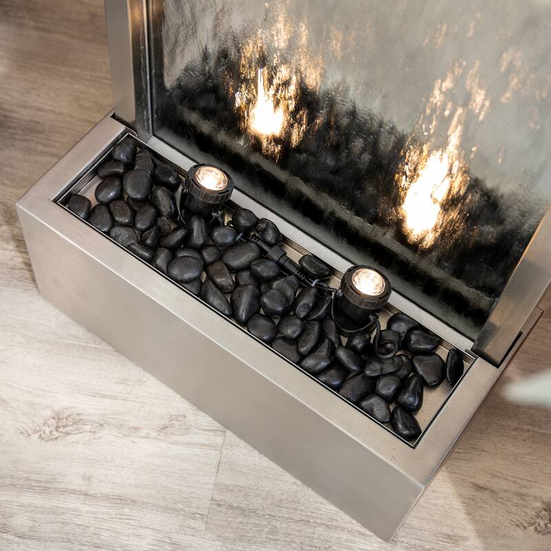XBrand 68 in H Freestanding Waterfall Fountain, LED Lights & Auto-Shut Off Pump, Stainless Steel/Mirror Glass,Silver Frame