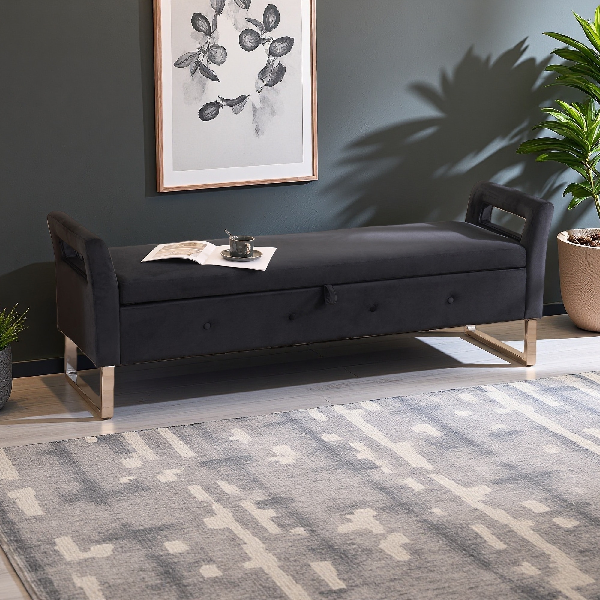 67.9"L Velvet Storage Soft Bench with Armrests, Metal Legs, Hidden Storage, and Foam Padding for Living Room, Entryway, Bedroom