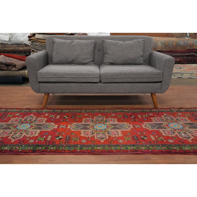 Hand Knotted Oriental 100% Wool Carpet Traditional Geometric Oranges & Rust Heriz Runner Rug - 9' 8'' X 3' 2''
