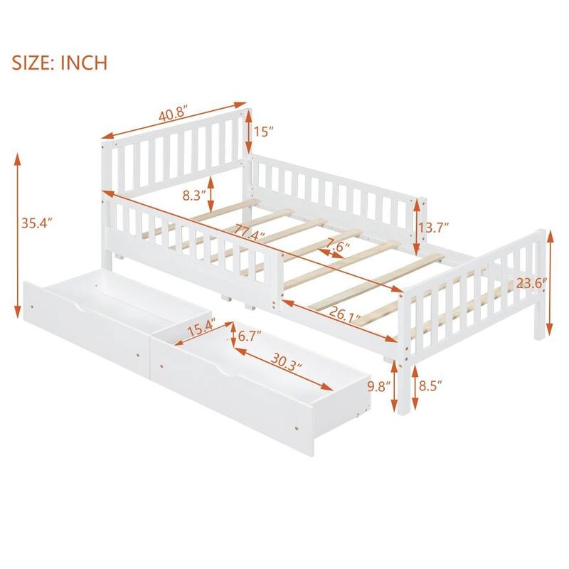 Twin Size Wood Platform Bed with Guardrails and Two Drawers