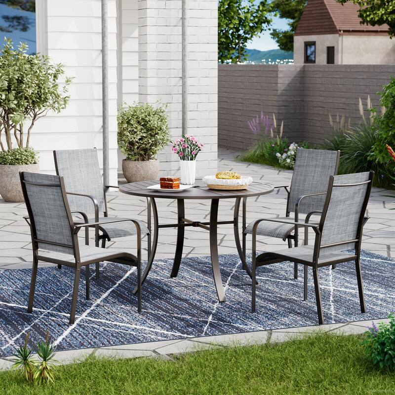 Patio Dining Set, Outdoor Dining Table and Chairs Set with Textilene Chairs, Adjustable Umbrella Hole for Garden, Backyard