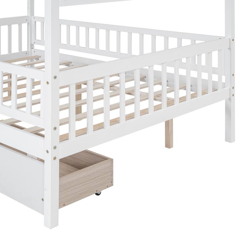 Playhouse Bed with Fence & Roof for Kids, Teens, Boys or Girls, Wooden Storage Bed Frame with Two Drawers, No Box Spring Needed