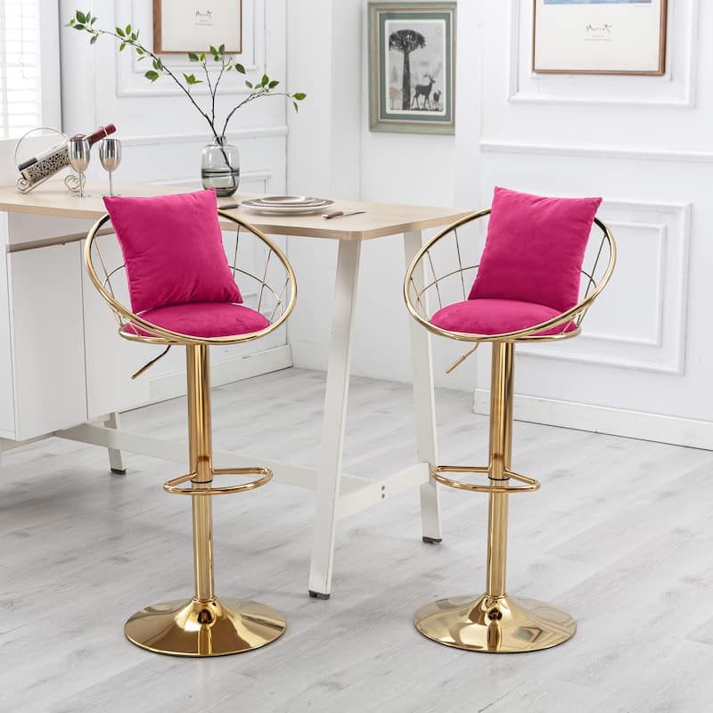 Set of 2 Rose Red Velvet Bar Chair with Pure Gold Plated, 360° Swivel Adjustable Height Bar Stools with Back Pillow - Rose Red