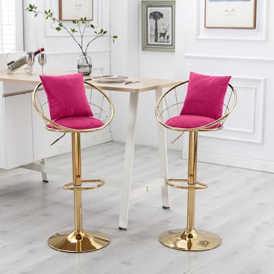 Velvet Swivel Bar Stools Set of 2, Upholstered Kitchen Island Stools with Back and Footrest, Counter Barstools with Pillow