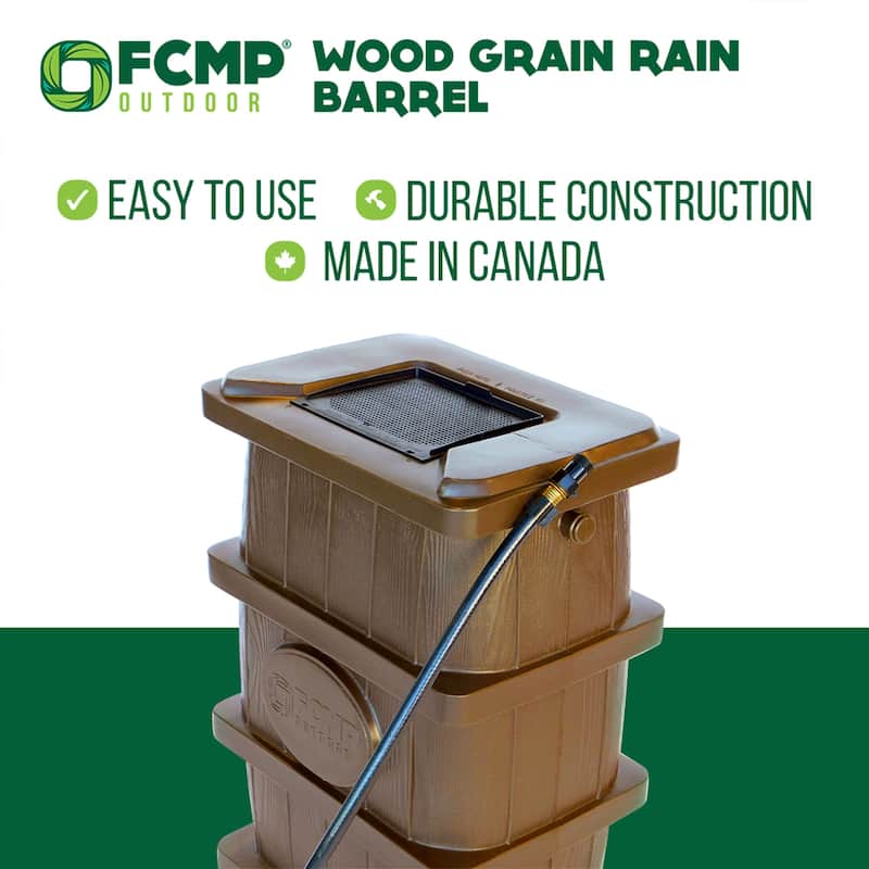 FCMP Outdoor WG4000 45 Gal Wood Grain Rain Water Catcher Barrel Container, Brown - 17 x 22 x 32 inches