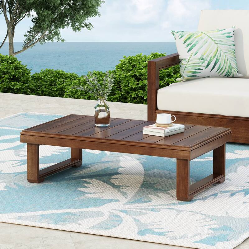 Roomfitters Outdoor Patio Coffee Table with Slatted Wood Design, Weather-Resistant Frame