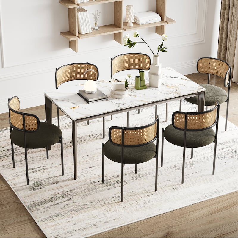 Modern Upholstered Dining Chairs Set Of 2,Rattan Back Dining Room Chairs,Accent Kitchen Chairs With Metal Legs