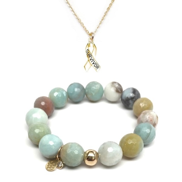 Red Quartz Bracelet & Survivor Awareness Ribbon Gold Charm Necklace Set