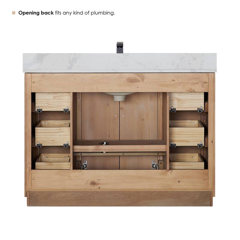 Floral Single Bathroom Vanity in Light Brown with Calacatta White Quartz Countertop with Mirror
