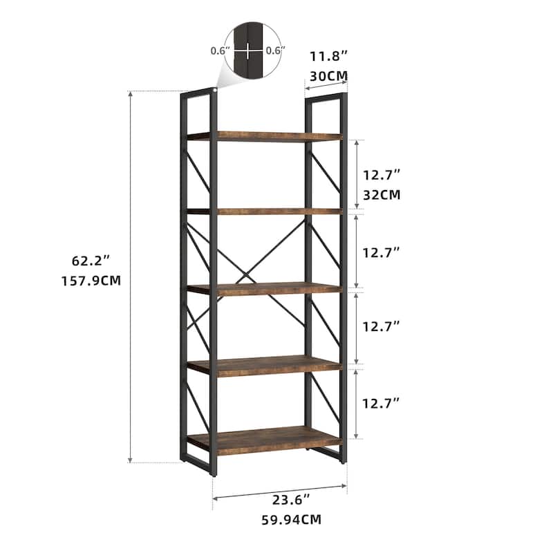 Moasis 62" Industrial Bookshelf, 5 Tier Rustic Wood Etagere Bookcase with Open Shelves