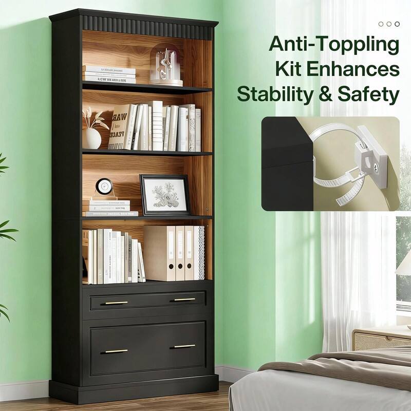 Modern Bookcase with Shelves and 2 Drawers for Storage and Display