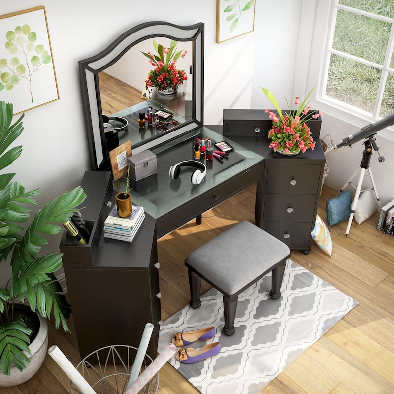 Furniture of America Ulru Transitional Solid Wood 3-Piece Makeup Vanity Set with LED