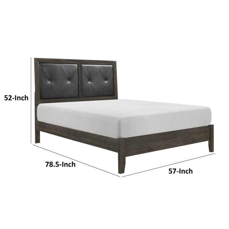 Din Full Size Bed, Button Tufted Faux Leather Upholstery, Gray Wood Veneer