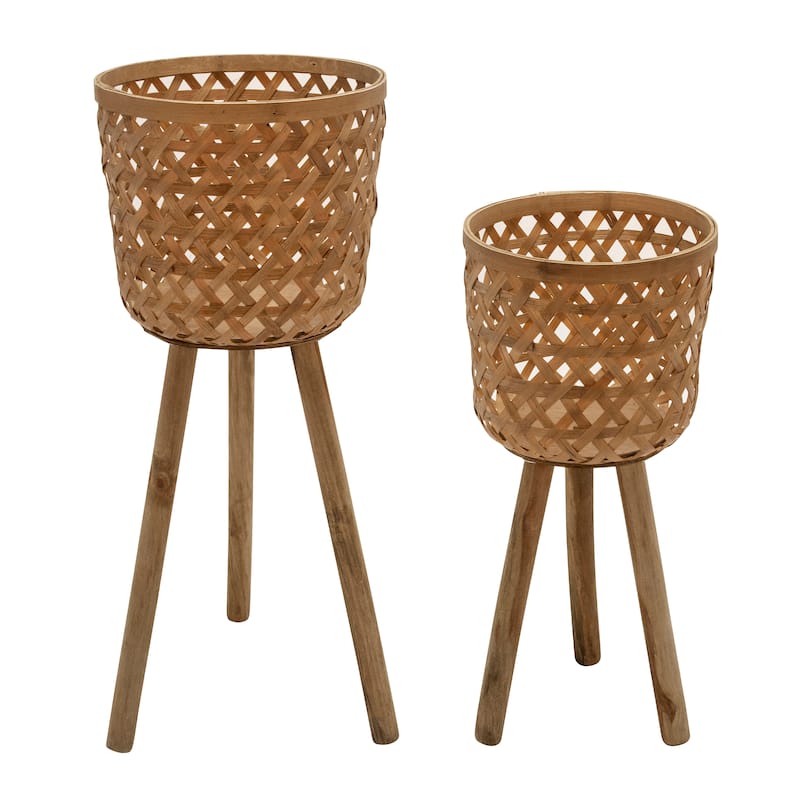 Sagebrook Home Neutral Boho Wicker Planter Stand Set, Versatile Indoor Garden Decor