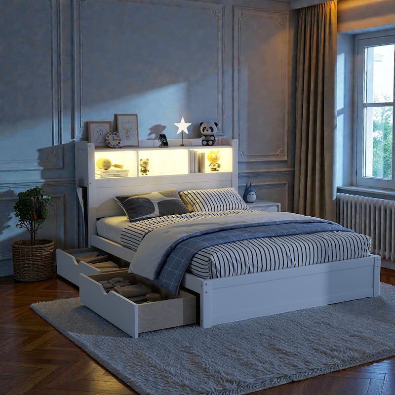 Wood Bed with Storage Headboard, Drawers and Pull Out Cabinet, Twin Full Bed with LED Light and Socket