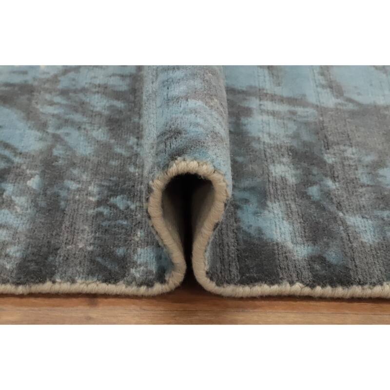 Hand Knotted Oriental Viscose Silk Carpet Modern Pictorial Navy Blue & Blues Abstract Area Rug - 5' 5'' X 3' 0''