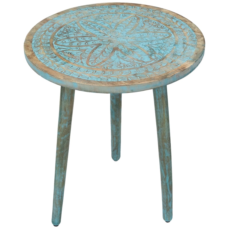 22" Antique Blue Engraved Wooden Tri Leg Round Side Table