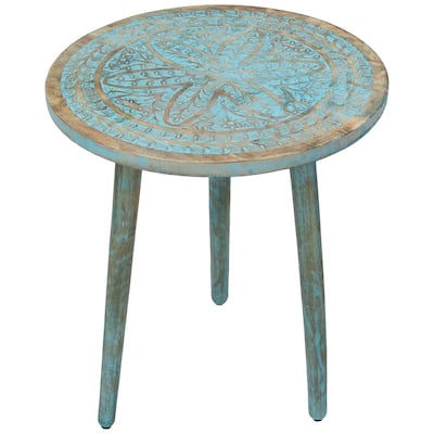 22" Antique Blue Engraved Wooden Tri Leg Round Side Table