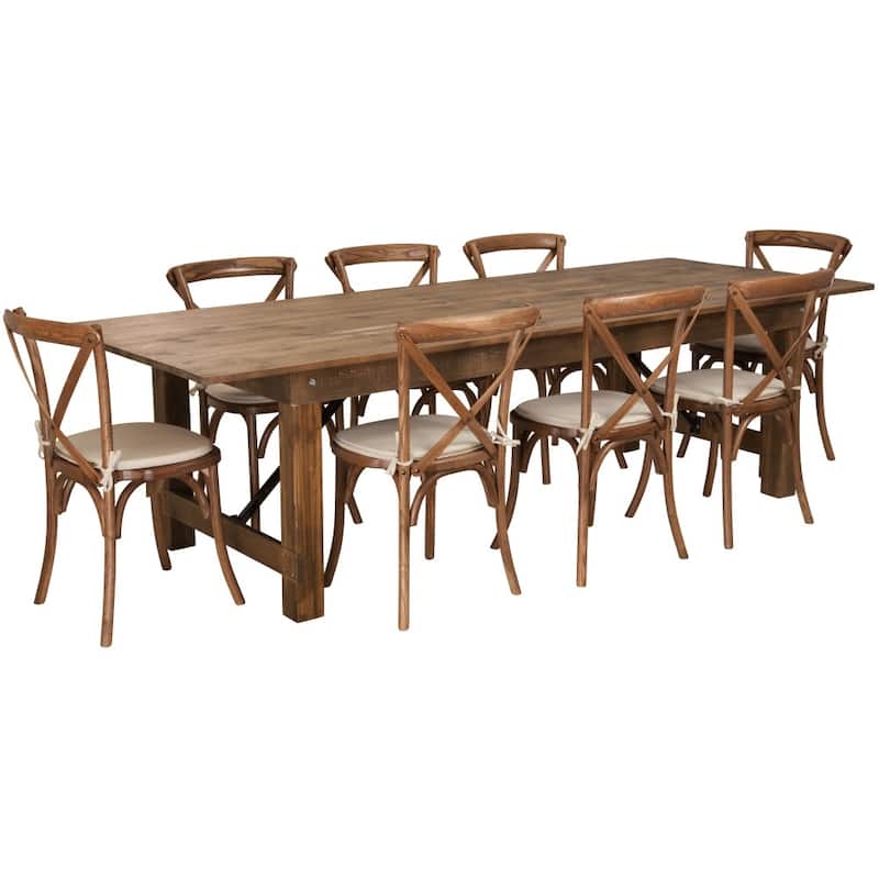 9' x 40" Rustic Folding Farm Table Set with 8 Cross Back Chairs and Cushions