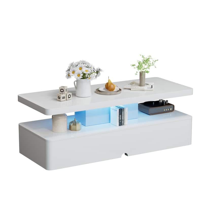 Modern Stylish Coffee Table with 16 Colors LED Lights, Double-Layer Design for Living Room - White
