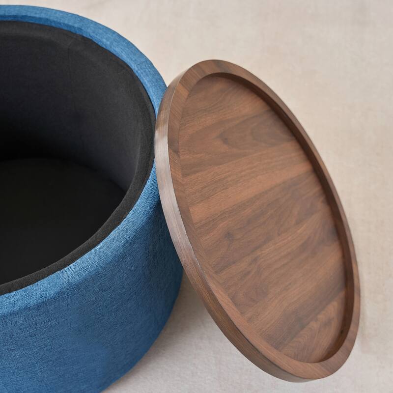 Ball & Cast Nesting Storage Ottomans of 2, Linen Upholstered Footstool Wood Tray, 22.75" Round Coffee Table