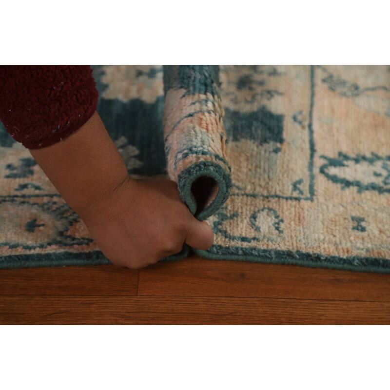 Hand Knotted Oriental 100% Wool Carpet Transitional Geometric Green Oushak Area Rug - 2' 10'' X 2' 1''